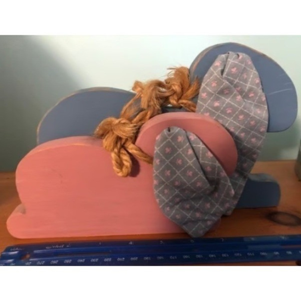 Vintage Blue Wooden rabbit bunny Figurine Farmhouse Decor Fabric Ears Twine - Picture 7 of 7